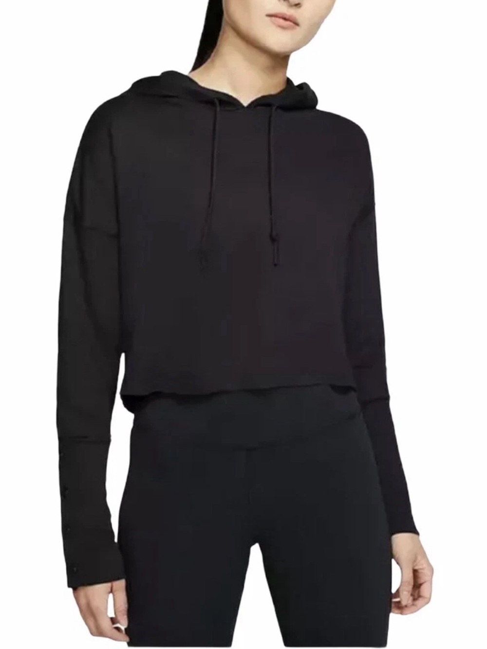 Nike Dri-Fit Yoga Luxe Crop Training Hoodie in Black with Buttons on the Sleeves